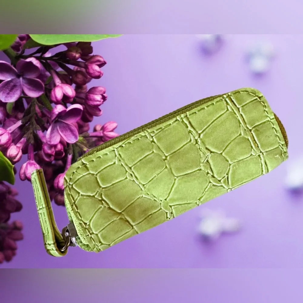 Pretty Lime Green Faux Croc Embossed Set- Wristlet, Mirror, and Lipstick Case